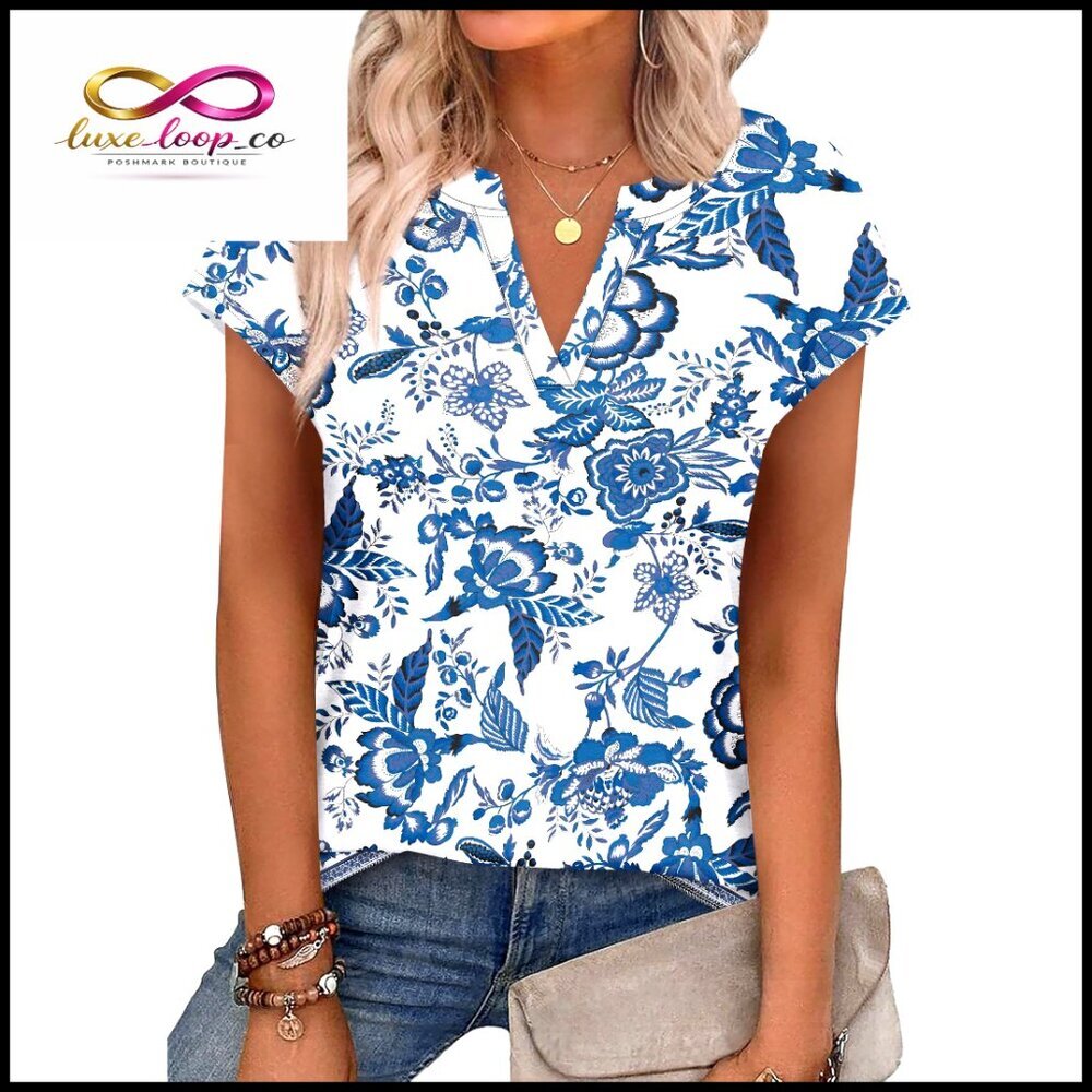 V-Neck Cap Sleeve T-Shirt, Loose Fit Polyester Spandex Blend, Business Casual